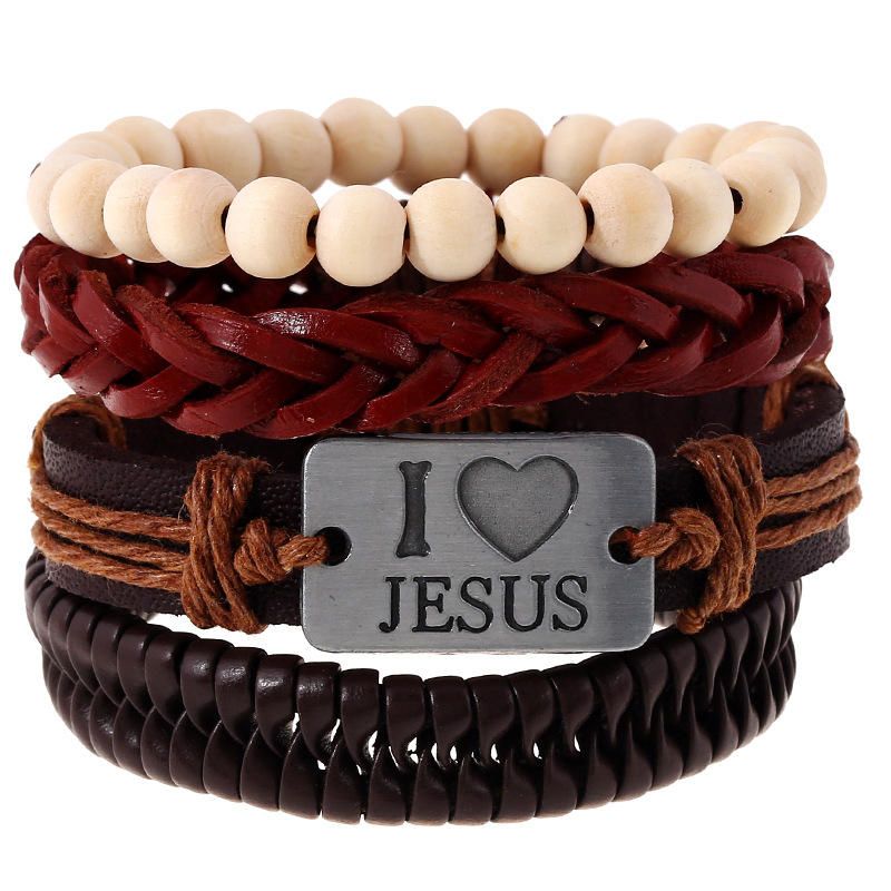 Religious I Love Jesus Armband Cowhide Multilayer Wristband White Wood Bead Armband For Men
