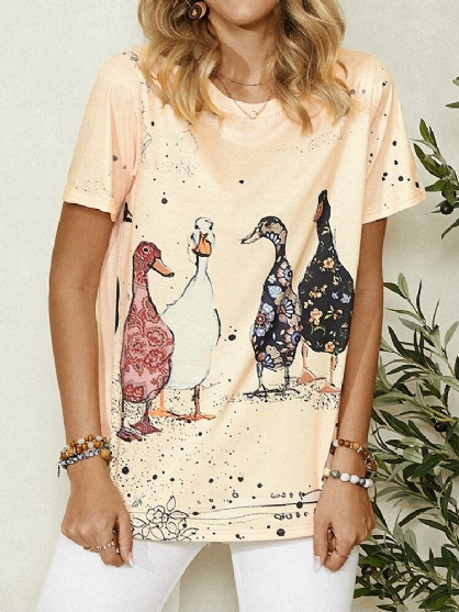 Cartoon Duck Print O-neck Kortermet Casual T-skjorte For Kvinner