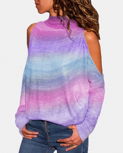Fargerik Tie Dye Printed High Collar Hollow Shoulder Casual T-skjorter