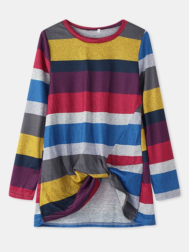 Kvinner Flerfarget Stripet O-hals Twist-hem Langermet T-skjorte
