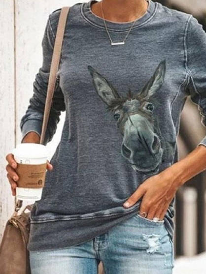 Kvinner Tegneserie Funny Donkey Print Langermet O-hals Casual Genser