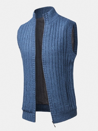 Menn Ensfarget Strikket Varm Fleece Foret Glidelås Genser Vester