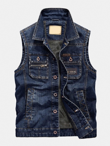 Mens Denim Vintage Multi Lommer Ermeløs Slim Fit Turndown Krage Mote Vest