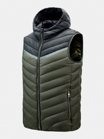 Mens Patchwork Zip Up Quilted Casual Polstrede Vester Med Hette Med Lomme