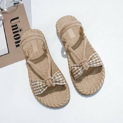 Kvinner Gingham Bow Decor Slip On Summer Beach Sandals