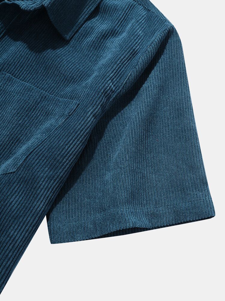 Mens Corduroy Ensfarget Revers Kortermet Henley Skjorte