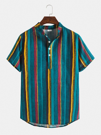 Vertikale Striper Stativkrage Hawaii Casual Menns Henley-skjorter Med Korte Ermer