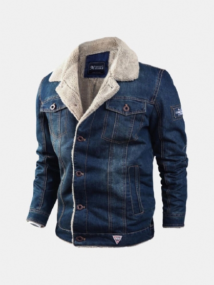 Herre Vinter Tykk Fleece Brystlommer Varm Denim Jakke