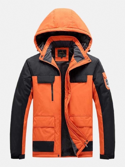 Mens Kontrast Patchwork Varm Fleece Foret Varm Tykkere Hettefrakker