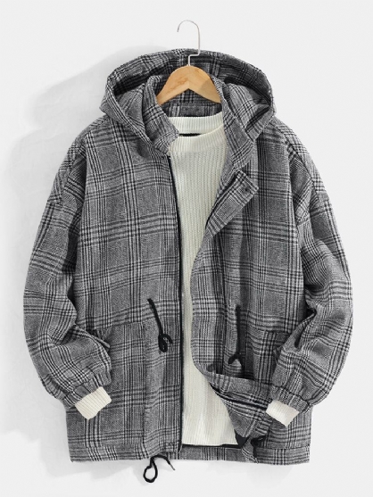 Mens Vintage Plaid Drawstring Waist Pocket Warm Hooded Coats