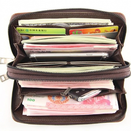 Menn Faux Leather Business Double Zipper Long Wallet Clutch Bag