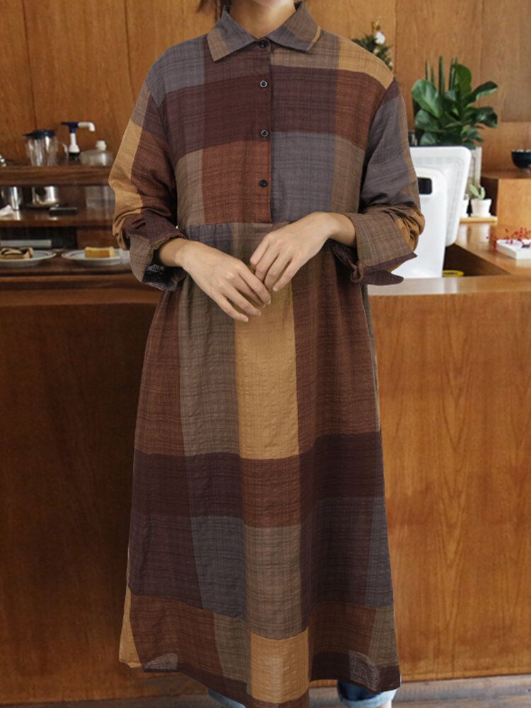 Plaid Print Turn-down Collar Langermet Uregelmessig Skjortekjole For Hem Knapp For Kvinner