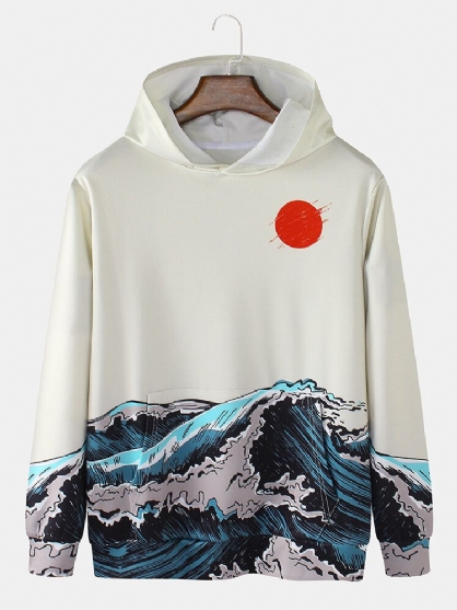 Herre Sea Landscape Print Pocket Langermet Ukiyoe-hettegenser