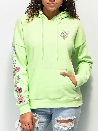 Kvinner Blomstertrykk Drop Shoulder Casual Pouch Pocket Drawstring Hoodies