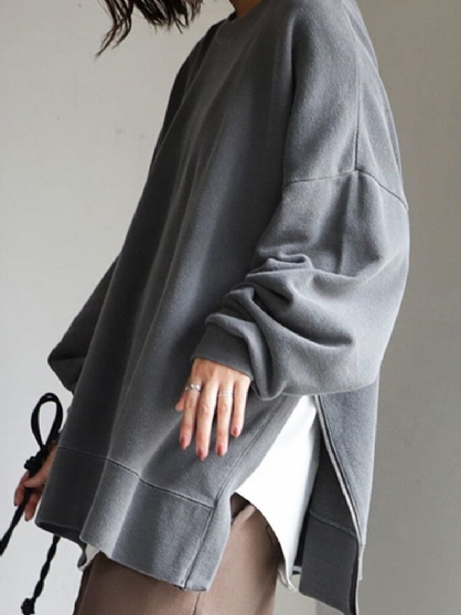 Kvinner Drop Shoulder Side Split Pullover Glidelås Langermede Gensere