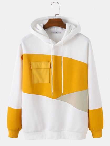 Mens Asymmetriske Patchwork Brystlomme Hvite Hettegensere