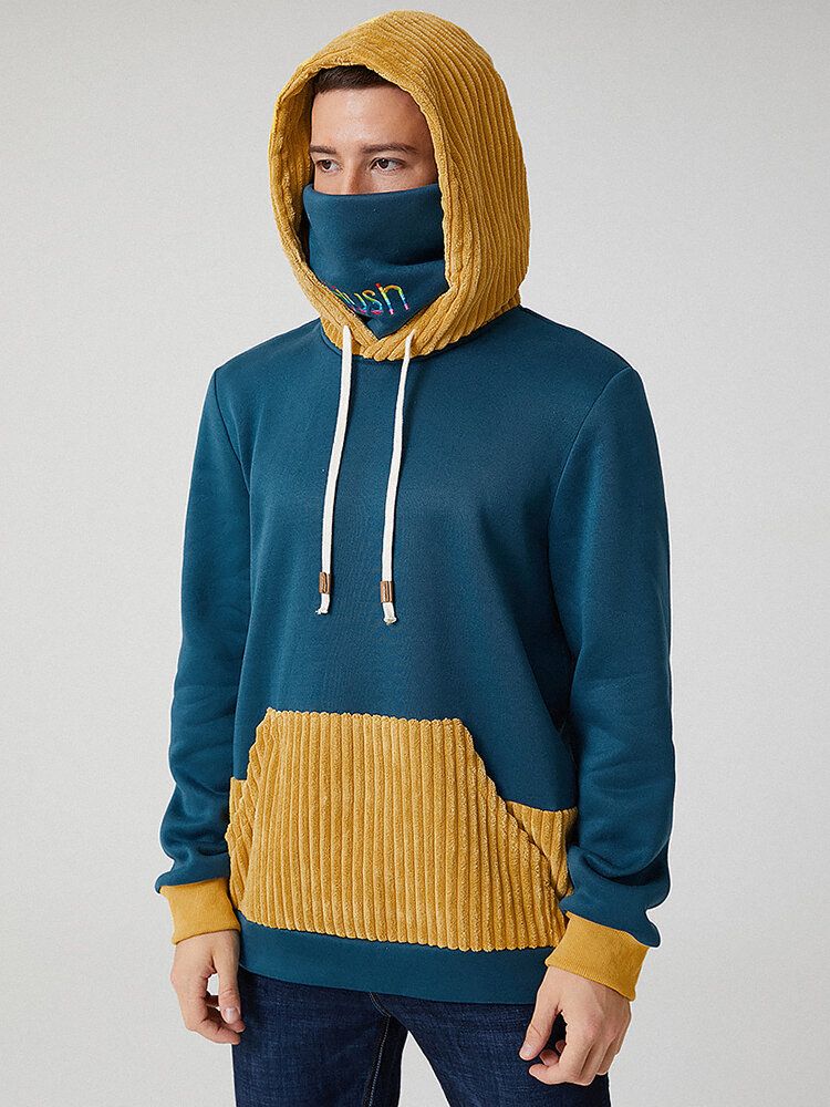 Mens Corduroy Patchwork Pouch Pocket Pocket Long Sleeve Hoodies With Letter Snood