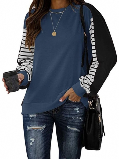 Mens Patchwork Stripe Drop Shoulder Pullover Round Neck Casual Sweatshirts