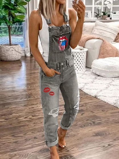 Casual Loose Print Justerbare Stropper Ermeløs Lomme Bib Jeans Jumpsuits For Kvinner