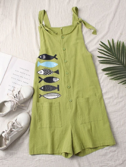 Kvinner Cartoon Fish Print Wide Shoulder Strap Loose Casual Shorts Jumpsuit