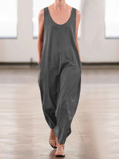 Kvinner U-hals Ensfarget Ermeløs Casual Løs Jumpsuit Med Lomme
