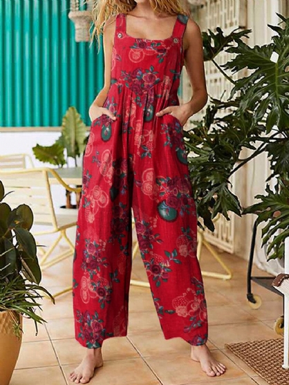Kvinner Vintage Floral Print Bomull Ryggløse Strappy Jumpsuits Med Lomme