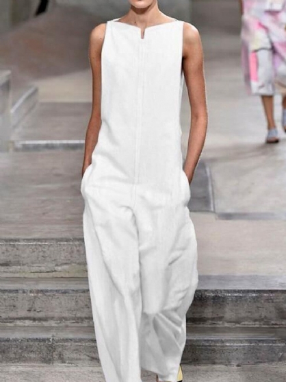 Ren Farge O-hals Ermeløs Langbenet Jumpsuit