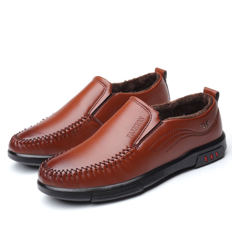 Menn Detaljert Søm Microfiber Leather Warm Lined Slip On Soft Business Casual Shoes