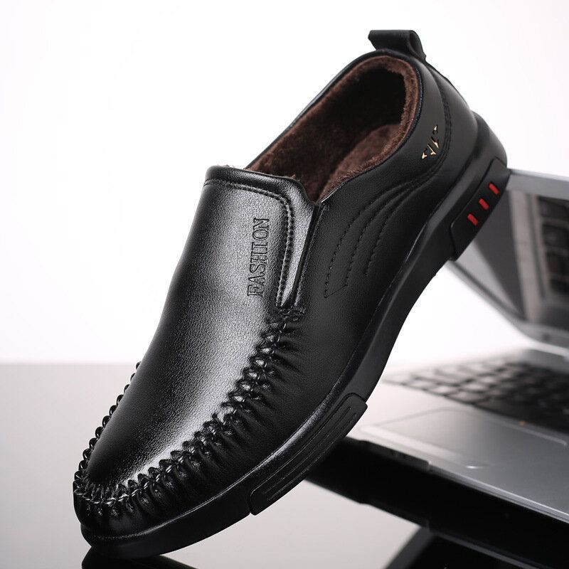 Menn Detaljert Søm Microfiber Leather Warm Lined Slip On Soft Business Casual Shoes
