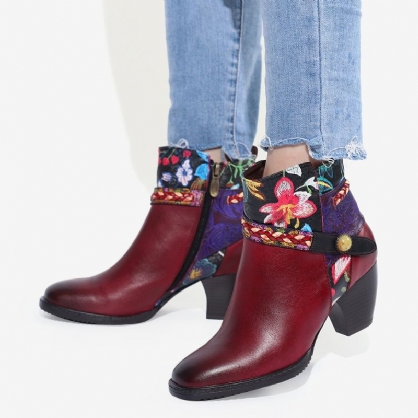 Ladies Floral Burgundy Buckle Deco Square Toe Warm Lined Glidelås Ankelstøvler