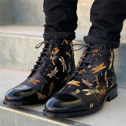 Menn British Style Cap Toe Splicing Dragonflies Printed Cloth Ankle Jack Boots