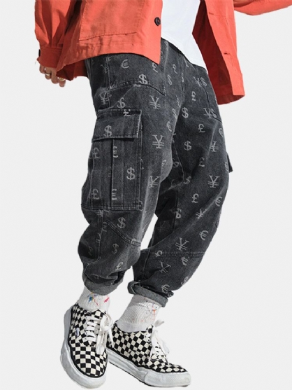 Menn Over Hele Valutasymbolet Print Drawstring Denim Cargo Pants