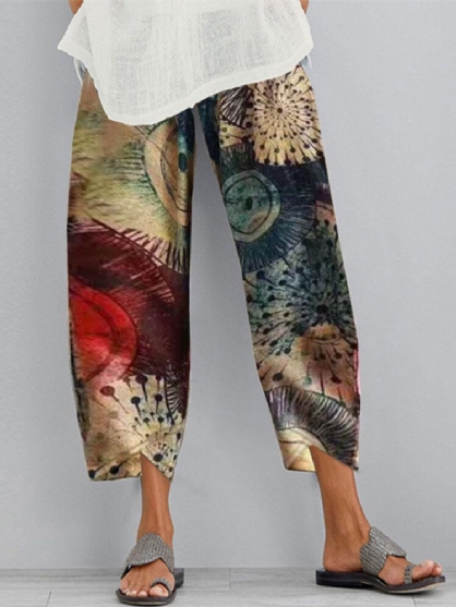 Vintage Floral Print Elastisk Midje Uregelmessig Hem Casual Lomme Bukser For Kvinner