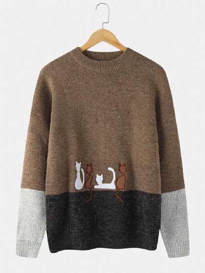 Herre Søt Kattmønster Patchwork Drop Shoulder Skulder Strikk Casual Gensere