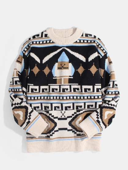 Herre Tribal Print Etnisk Stil Strikket Rund Hals Løs Casual Genser