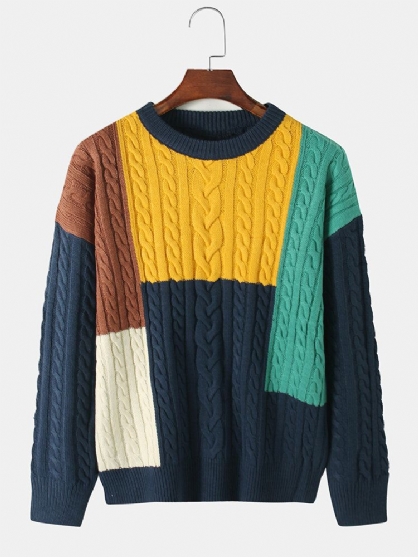 Mens Color Block Strikket Genser Med Lange Ermer
