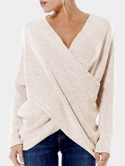 Uformelle Kvinner Cross V-neck Pullover Langermede Gensere Topper