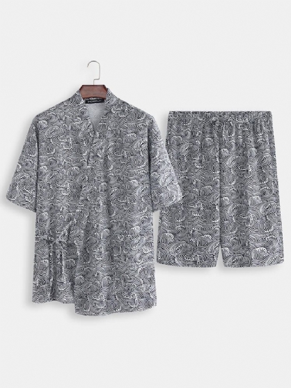 2stk Herre Kimono Yukata Pyjamas Japansk Stil Badekåpe Blomstretrykk Nattøy