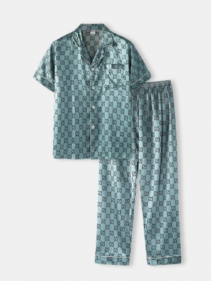 Herre Print Faux Silk Chest Lomme Kortermet Elastisk Midje Tynn Hjem Pyjamasett