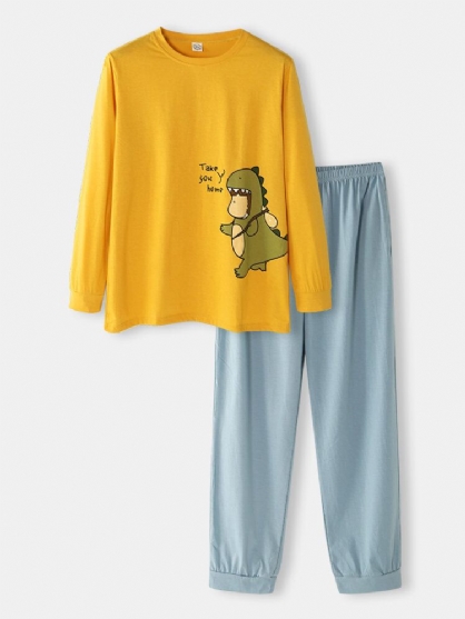 Herre Tegneserie Trykk Løst Pustende Langermet Elastisk Midje Hjemme Pyjamas Sett
