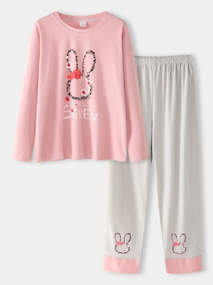Kvinner Brevutskrift Tegneserie Kaninmønster Pullover Pocket Gery Pants Hjem Søt Pyjamasett