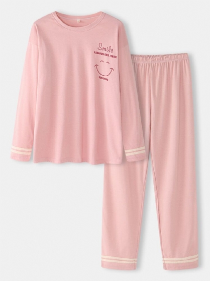 Kvinner Smile Face Print Drop Shoulder Stripet Cuff Cotton Pullover Pyjamas Sets