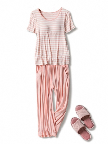 Kvinner Stripe Brystputer Kortermet Topp Snor Løse Bukser Hjem Modal Pyjamasett