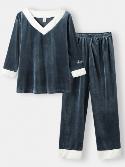 Kvinner Velour Kontrast V-hals Letter Broderi Mansjett Koselige Pyjamas Sett