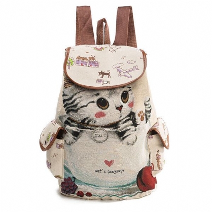 Canvas Casual Cartoon Cat Pattern School Bag Ryggsekk Skuldervesker Studentvesker