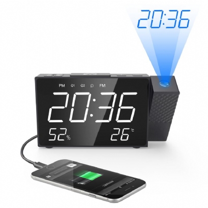 Projeksjon Vekkerklokke Digital Fm-radio Dobbelt Alarmvolum Slumre Tid Fuktighet Temperaturvisning