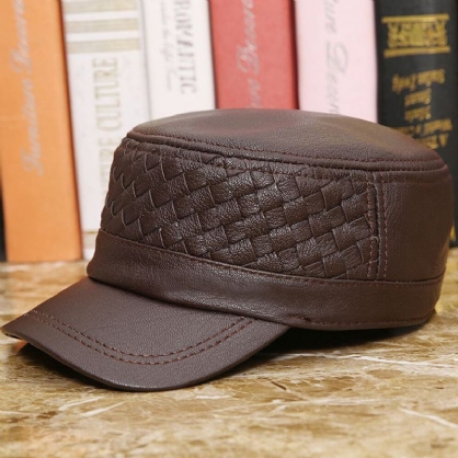Menn Ekte Lær Vevd Mønster Retro Outdoot Dad Hat Flat Hat Toppet Lue