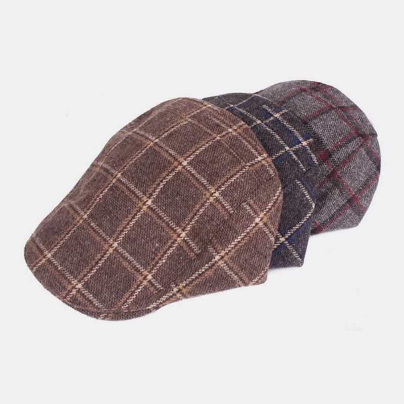 Menn Følte Rutete Retro Britisk Stil Casual Warm Thermal Flat Hat Forward Hat Beret Hat