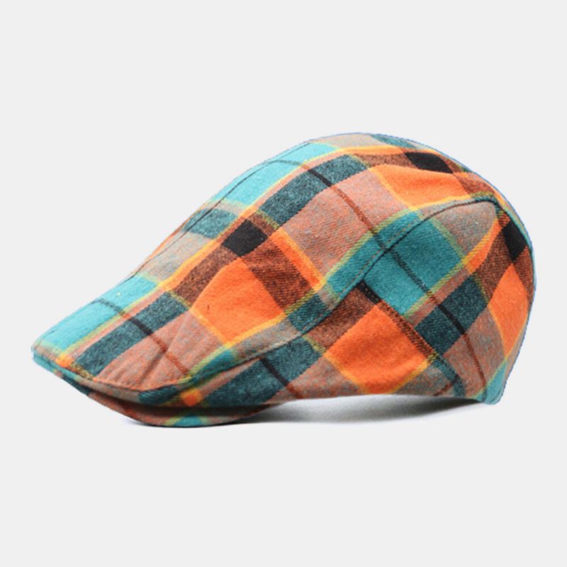 Unisex Bomull Farge Plaid Vintage Temperament Malerhatter Forward Cap Flat Hat Beret Cap Octagonal Cap