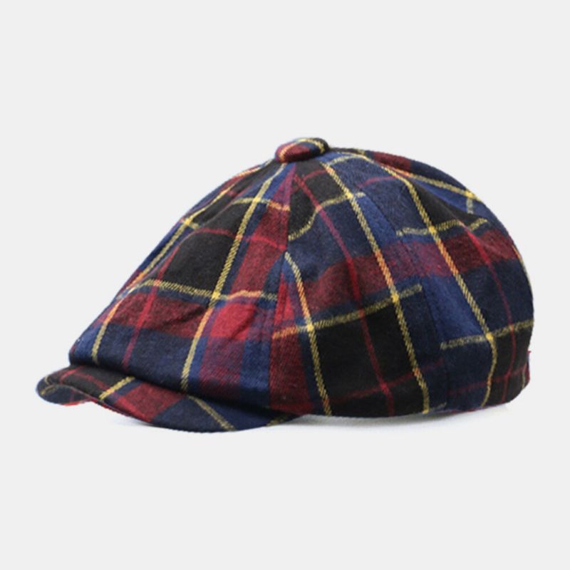 Unisex Bomull Farge Plaid Vintage Temperament Malerhatter Forward Cap Flat Hat Beret Cap Octagonal Cap